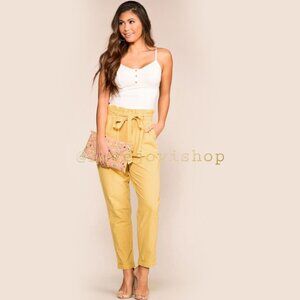 American Eagle Paperbag Pants | Golden Yellow Tie Waist | High Rise & Tapered Fi